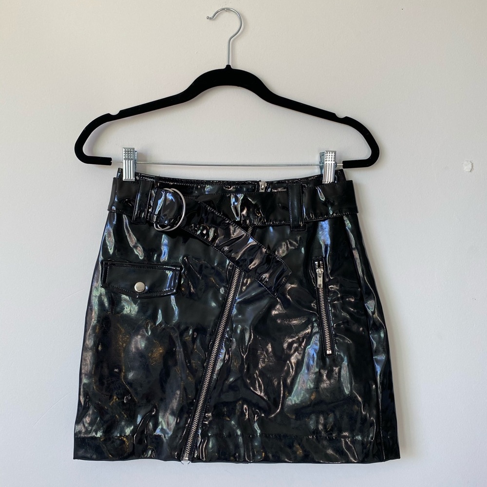 Black Patent Leather Full Zip Mini Skirt with Belt